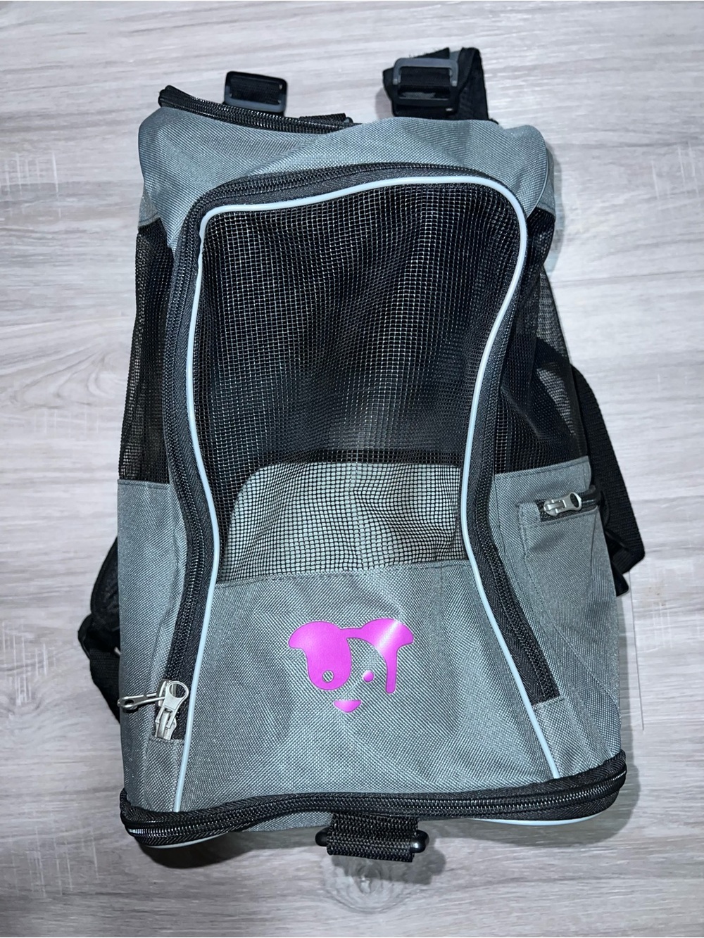 Pet Carrier Backpack - Gray with Pink Logo